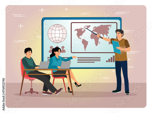 Digital classroom concept. Group Of Students In A Digital classroom Session With World Map.