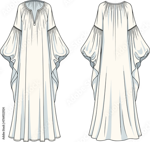 Fashion illustration, kaftan design, front and back view, balloon sleeves, flowing dress, garment sketch, textile concept, fashion flat, couture art