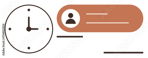 Clock illustration beside a profile icon with minimal text lines, representing scheduling, organization, and planning. Ideal for time tracking, productivity, task prioritization, workflow, deadlines