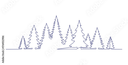 Christmas trees in a single line. A design element. One-line drawing backdrop. Vector illustration
