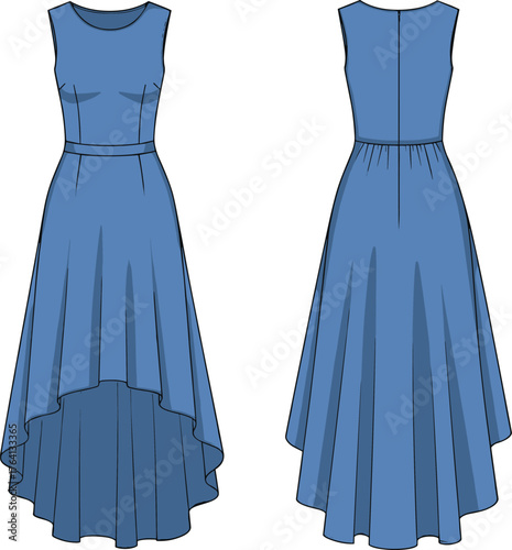 Blue high-low dress illustration, fashion sketch, sleeveless design, asymmetrical hem, elegant silhouette, front and back view, apparel concept, garment drawing