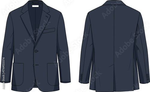 Navy blue blazer illustration, front and back view, fashion sketch, menswear design, tailoring reference, garment detail, technical drawing, apparel concept