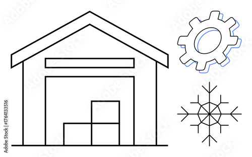 Warehouse with boxes, snowflake, and gear showcasing storage, cold supply chain, and operational processes. Ideal for logistics, refrigeration, cold storage, warehousing shipping inventory