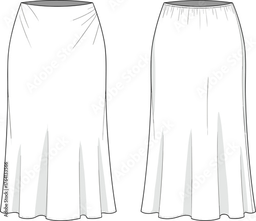 Technical fashion sketch, flared skirt design, elastic waistband, tailored fit, garment construction, panel godets, apparel blueprint, clothing illustration, sewing reference, stock vector