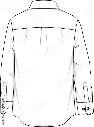Back view shirt technical sketch, long sleeve, button cuff, box pleat, yoke detail, garment illustration, fashion drawing, apparel design