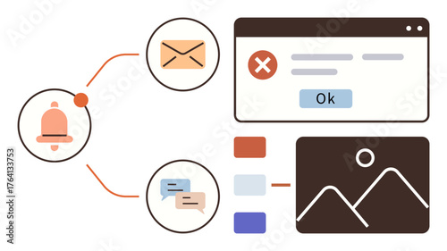 Notification alert, email icon, speech bubbles for messaging, error popup, image placeholder. Ideal for communication, alerts, UI flow, digital interactions productivity interface design simple