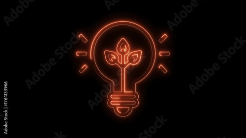 Glowing light bulb with sprout inside animation on black background for creative ideas