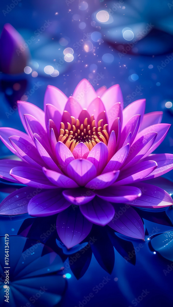 Obraz premium Purple water lily blooms under a shimmering surface in a tranquil pond during a peaceful afternoon