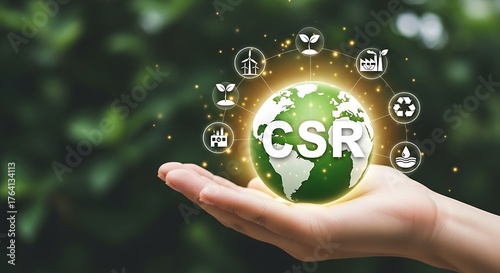 Hand holding green earth with csr icons corporate social responsibility