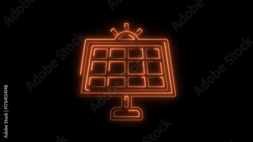 Neon solar panel illustration on black background animation for clean energy and sustainability