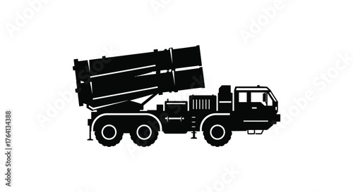 Military rocket launcher vehicle in a stark black silhouette against a white background representing power and defense silhouette