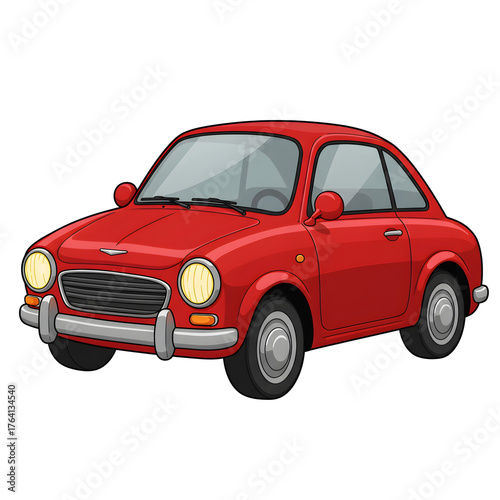 Cartoon illustration of a red vintage car with glowing headlights.