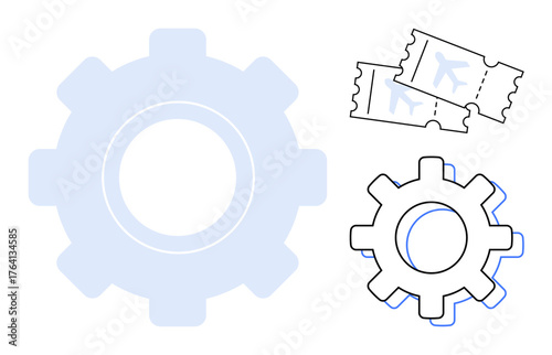 Gear elements beside airplane tickets representing travel planning, innovation, efficiency, and global connectivity. Ideal for travel, automation, logistics, engineering, productivity teamwork