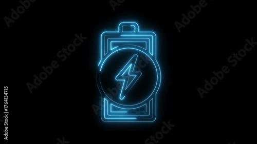 Neon style battery charging animation on black background future energy concept