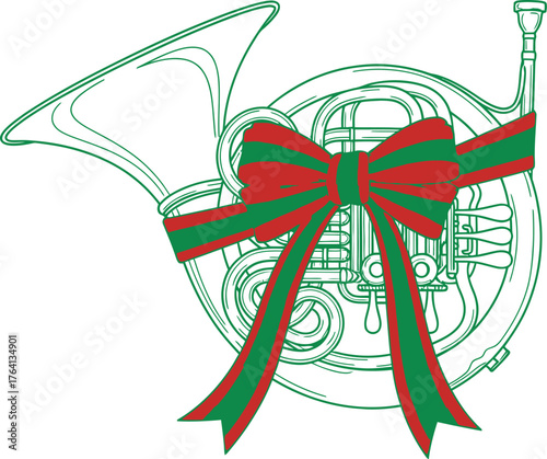 French horn with festive christmas bow illustration art