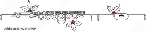 Silver flute decorated with festive holly for christmas music