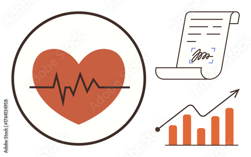 Heartbeat icon, signed contract, and bar chart with upward trendline represent health monitoring, analysis, progress, decision-making, healthcare policy, growth, and data insights simple flat