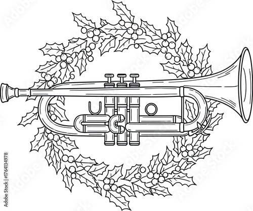 Trumpet with holly wreath festive musical holiday design