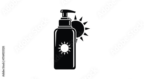 Black silhouette of a sunscreen bottle with a sun icon on the front and a sun behind it silhouette