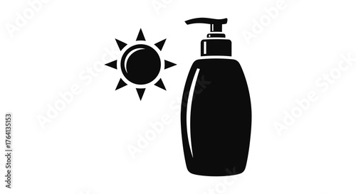 Sunscreen bottle and sun icon in a simple black silhouette representing sun protection and summer care
