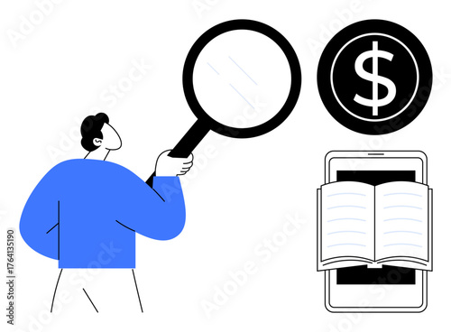 Person inspecting a dollar sign with a magnifying glass, open book on smartphone nearby. Ideal for finance, study, digital learning, analysis, money, research knowledge exploration. Simple flat