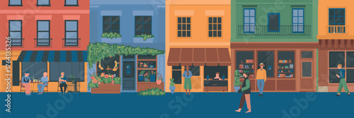 City Street with Buildings and Shops Vector Illustration, Urban Town Landscape, Local Storefronts and Cafes, People Walking and Shopping, Cityscape Background