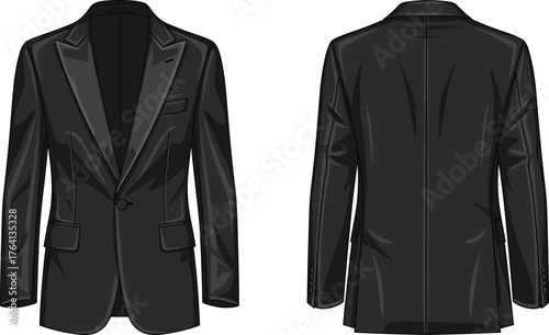 Black formal blazer illustration, front and back view, notched lapel, single-button closure, tailored fit, fashion sketch, menswear, elegant design