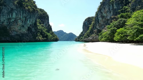 Serene Tropical Beach with Crystal Clear Water and Lush Mountains