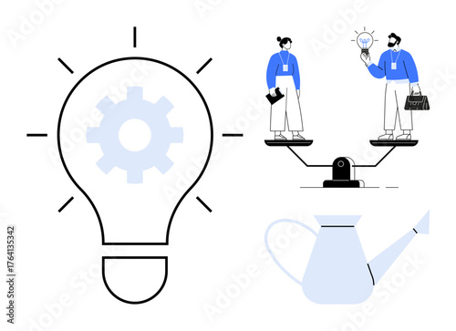 Lightbulb with gear and watering can symbolizes innovation. Two professionals on a scale convey teamwork, balance, creativity. Ideal for business, strategy, growth, innovation, teamwork ideas
