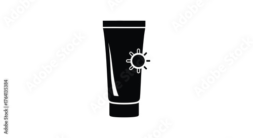 A black silhouette of a sunscreen tube with a sun icon on its side representing sun protection and skincare
