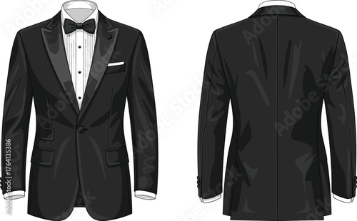 Classic black tuxedo illustration, front and back view, formal men's suit, satin lapel, bow tie, dress shirt, evening wear
