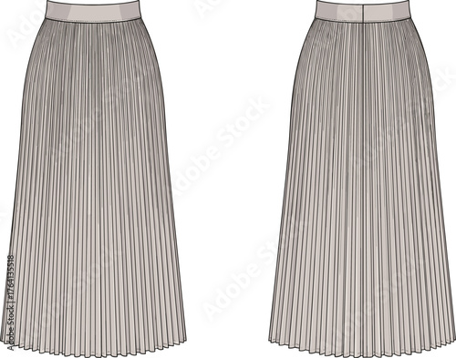 Pleated skirt fashion illustration, wide and narrow pleats, technical garment sketch, apparel design, vector drawing, clothing template, stock image