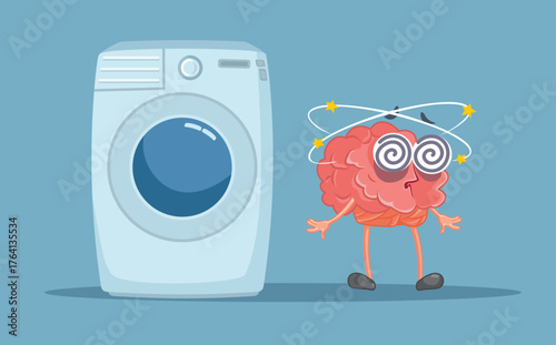 Funny Brain Washing Concept Cartoon Vector Illustration. manipulated confused mind being brainwashed in a traditional washer