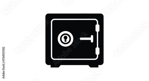 A bold black silhouette of a secure metal safe with a prominent keyhole and handle on its front door