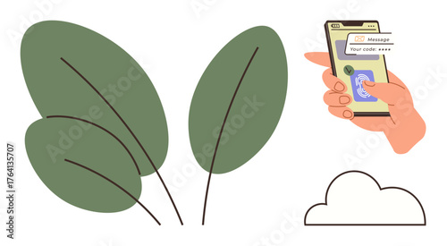 Hand using a smartphone for secure code verification, accompanied by large green leaves and a minimal cloud. Ideal for security, technology, nature, eco-concept, sustainability, innovation, privacy