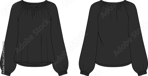 Long sleeve blouse technical sketch, front and back view, gathered neckline, cuffed sleeves, fashion flat, apparel design, garment illustration