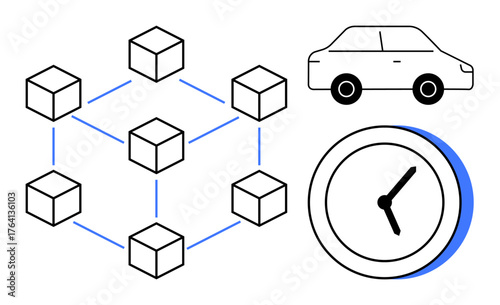Connected cubes represent a decentralized network, accompanied by a car and a clock, symbolizing innovation, mobility, and time management. Ideal for technology, logistics, shared resources