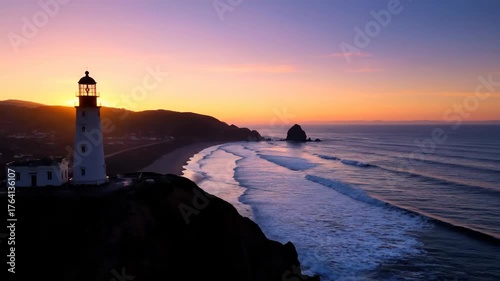 Serene Sunset at Lighthouse Overlooking Ocean Waves and Rocks