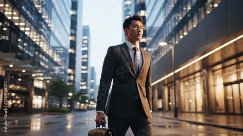 Professional businessman walking in urban street at dusk with briefcase