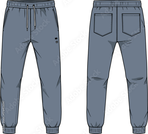 Jogger pants front back view, blue gray casual trousers, elastic waistband, drawstring, patch pockets, sporty design, fashion illustration, apparel