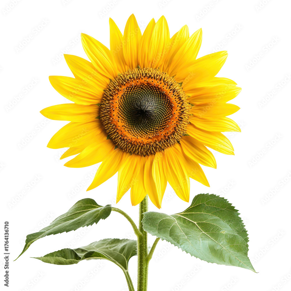 Obraz premium A vibrant sunflower with yellow petals and a brown center, set against a white background.