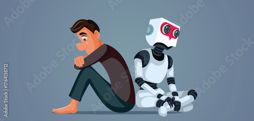  Sad Man Sitting Next to Ai Chat Bot Conceptual Vector Illustration. People more and more alone and replaced with robots in a dystopian view 
