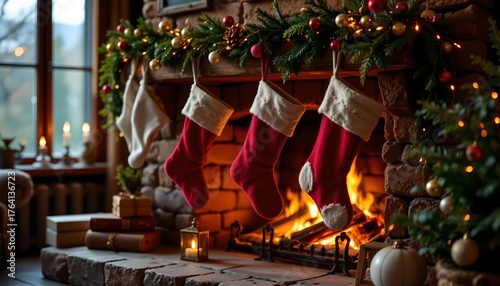 Cinematic shot of rustic fireplace with stockings and glowing embers, golden warm tones, deep shadows, and festive details.