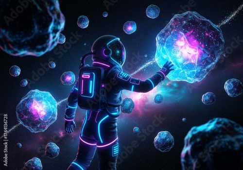 Digital technology concept: 3D rendered illustration of a Astronaut a head illuminated by electric light, representing global science and power