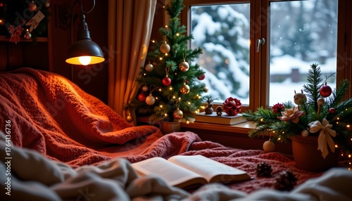 Cozy reading nook with Christmas decorations, glowing lamp, pinecones, and snow visible outside blurred window.