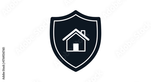 A black shield silhouette with a white house outline inside representing home security and protection
