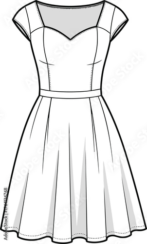 Technical fashion sketch, A-line dress illustration, sweetheart neckline, cap sleeves, garment blueprint, sewing pattern, apparel design, vector drawing, construction details, fashion template