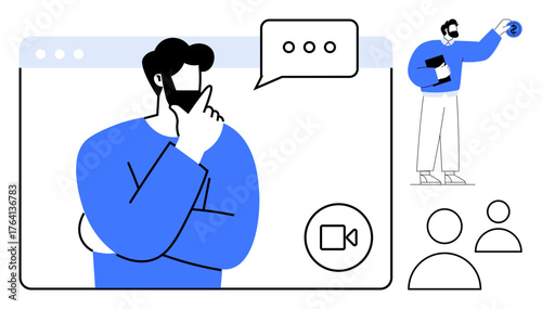Man thinking with hand on chin and speech bubble, virtual meeting elements thumbs up camera and team icons, and a presenter. Ideal for remote collaboration, teamwork, virtual events, presentation