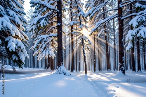 Peaceful winter forest covered in fresh snow, sunlight filtering through pine branches, gentle snowfall