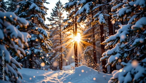 Sunlight breaking through heavy snowfall in dense pine woods, soft cinematic glow and bokeh snowflakes.